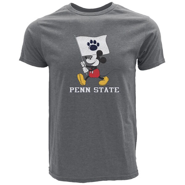 heather gray short sleeve t-shirt with Mickey Mouse holding flag with paw print above Penn State